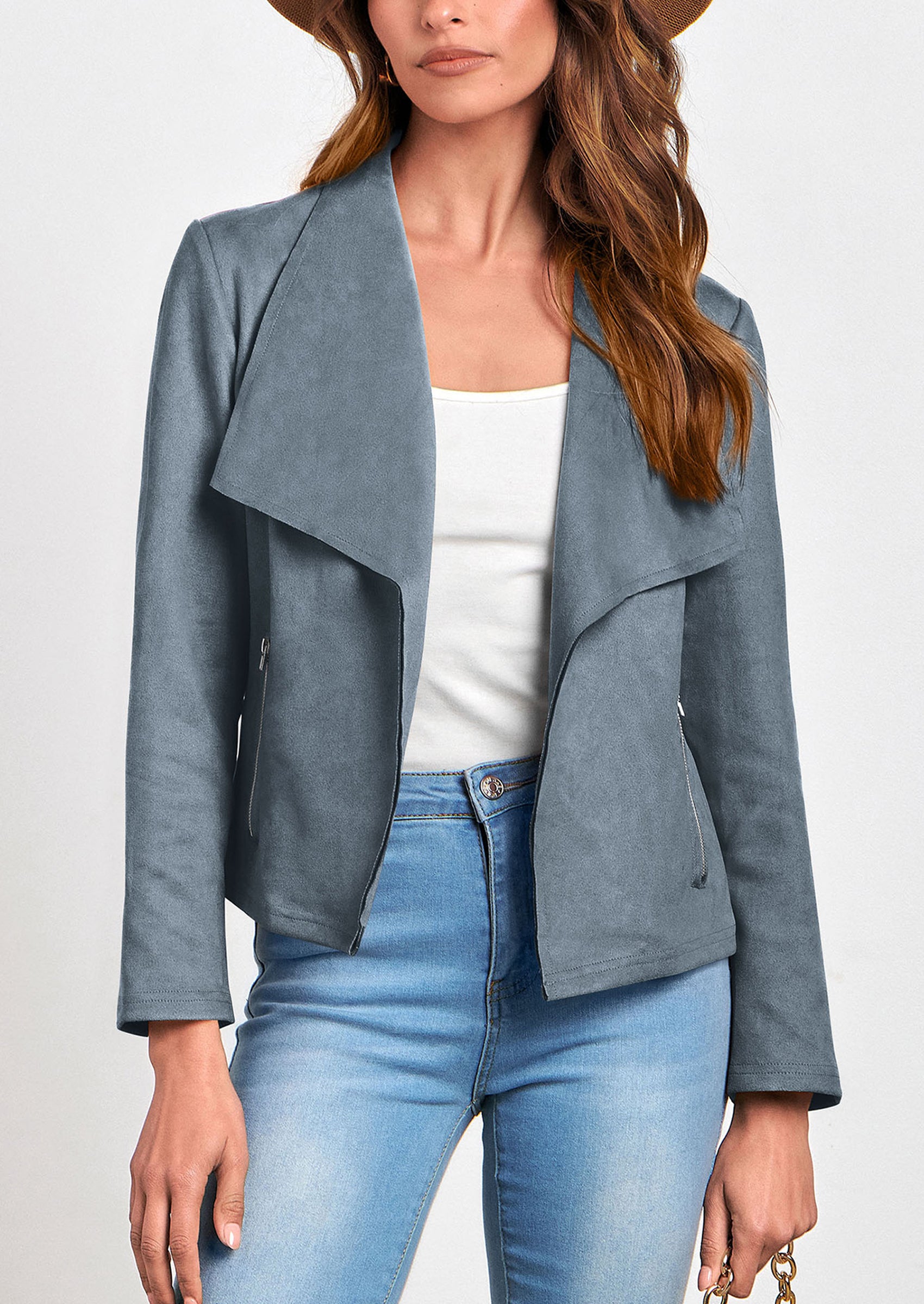 PRETTYGARDEN Women's Faux Suede Jackets Fashion Fall Clothes Long Sleeve Open Front Cropped Coat Outwear