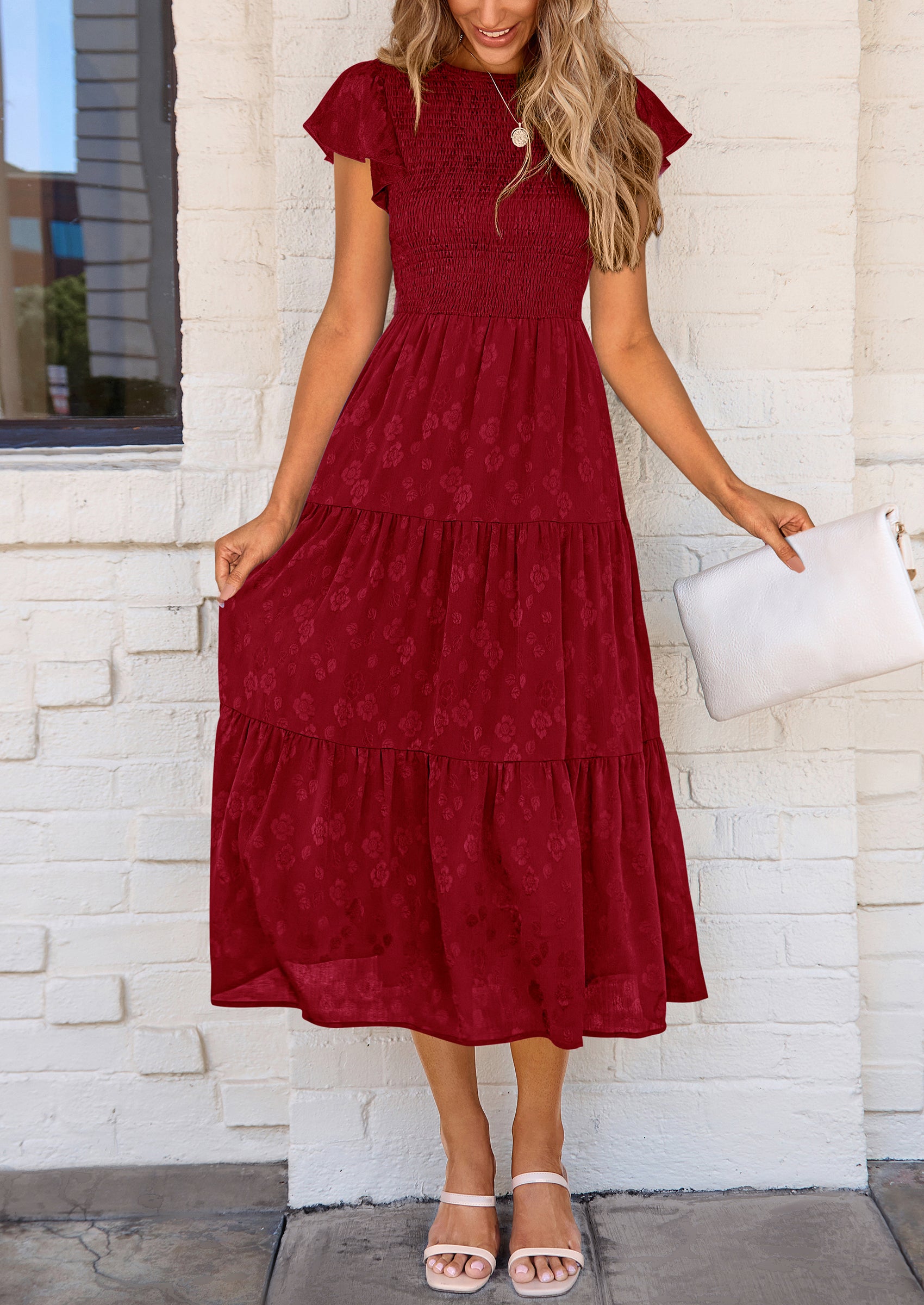 PRETTYGARDEN Midi Dress for Women Summer Floral Cap Sleeve Smocked Ruffle A Line Long Flowy Wedding Guest Dresses