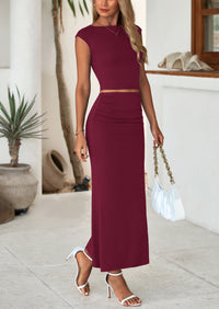 PRETTYGARDEN Summer 2 Piece Sets for Women Going Out Casual Cap Sleeve Crop Tops Ruched Maxi Long Skirts Spring Outfits