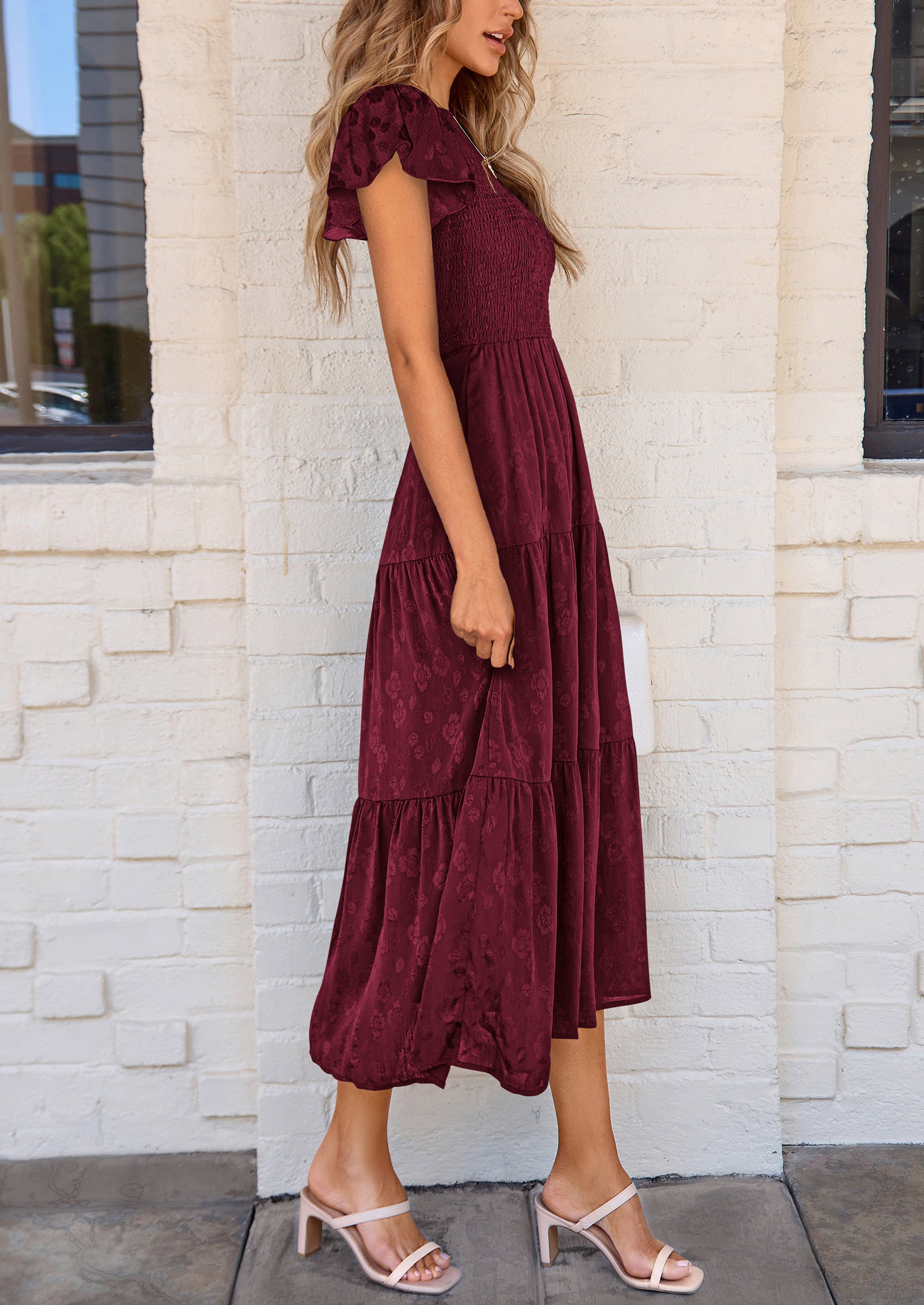 PRETTYGARDEN Midi Dress for Women Summer Floral Cap Sleeve Smocked Ruffle A Line Long Flowy Wedding Guest Dresses