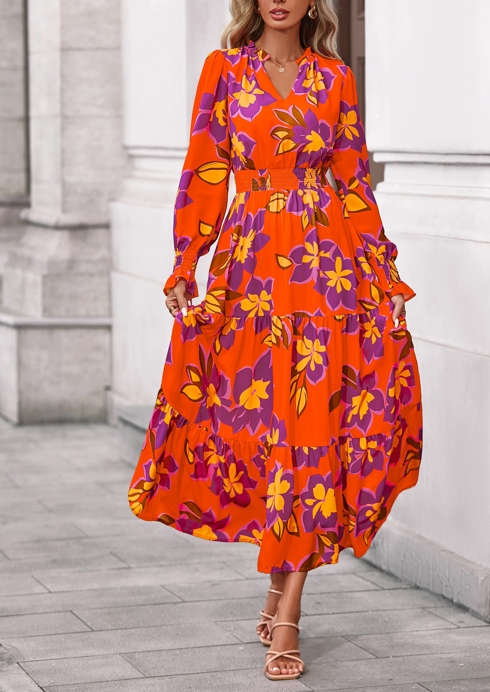 PRETTYGARDEN Women's Floral Maxi Dress Spring Long Sleeve V Neck Casual A Line Long Flowy Boho Party Dresses