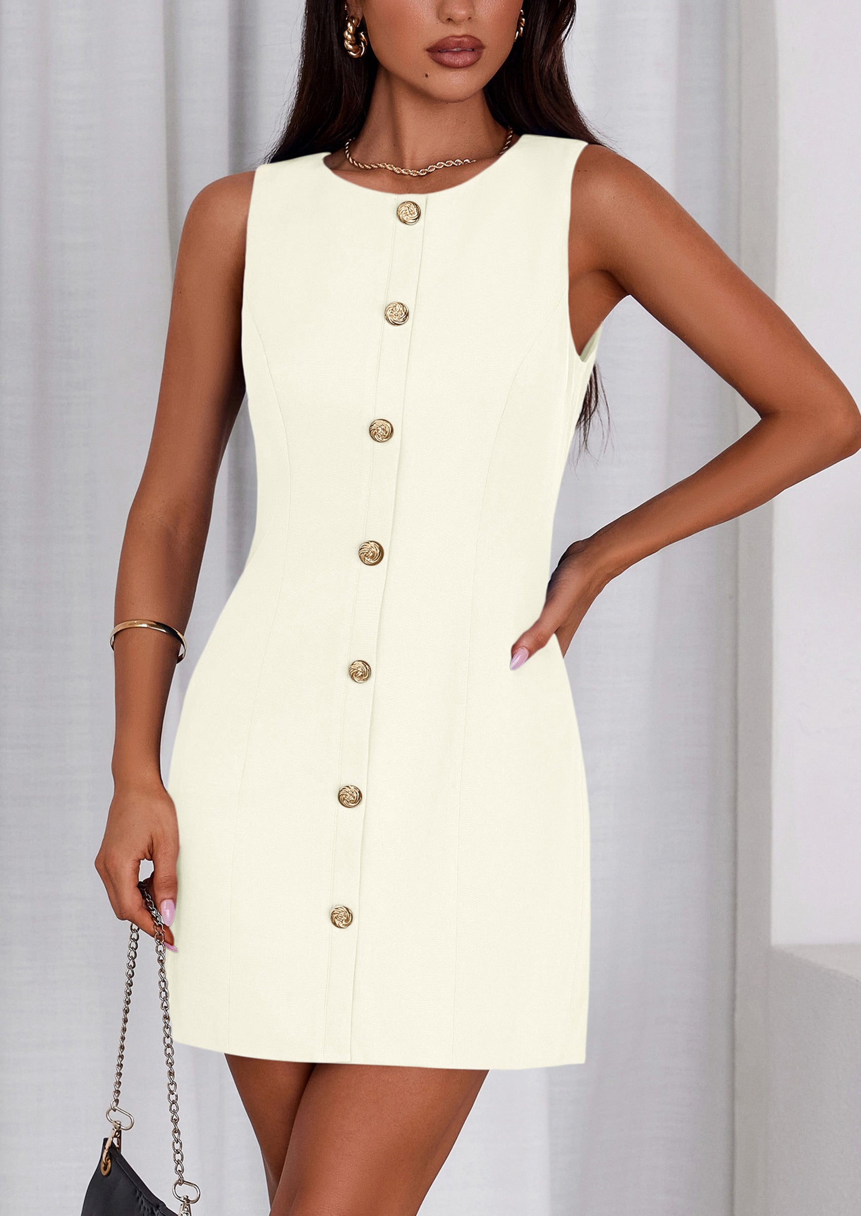 PRETTYGARDEN Work Dresses for Women Spring Business Formal Short Dress Sleeveless Button Down Elegant Office Outfits