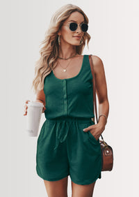 PRETTYGARDEN Casual Shorts Jumpsuit Plain Scoop Neck Button Down Sleeveless Tank Top Rompers
