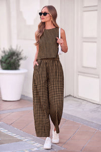 PRETTYGARDEN Womens 2 Piece Sets Summer Plaid Sleeveless Tops Wide Leg Pants Matching Lounge Set Beach Vacation Outfits