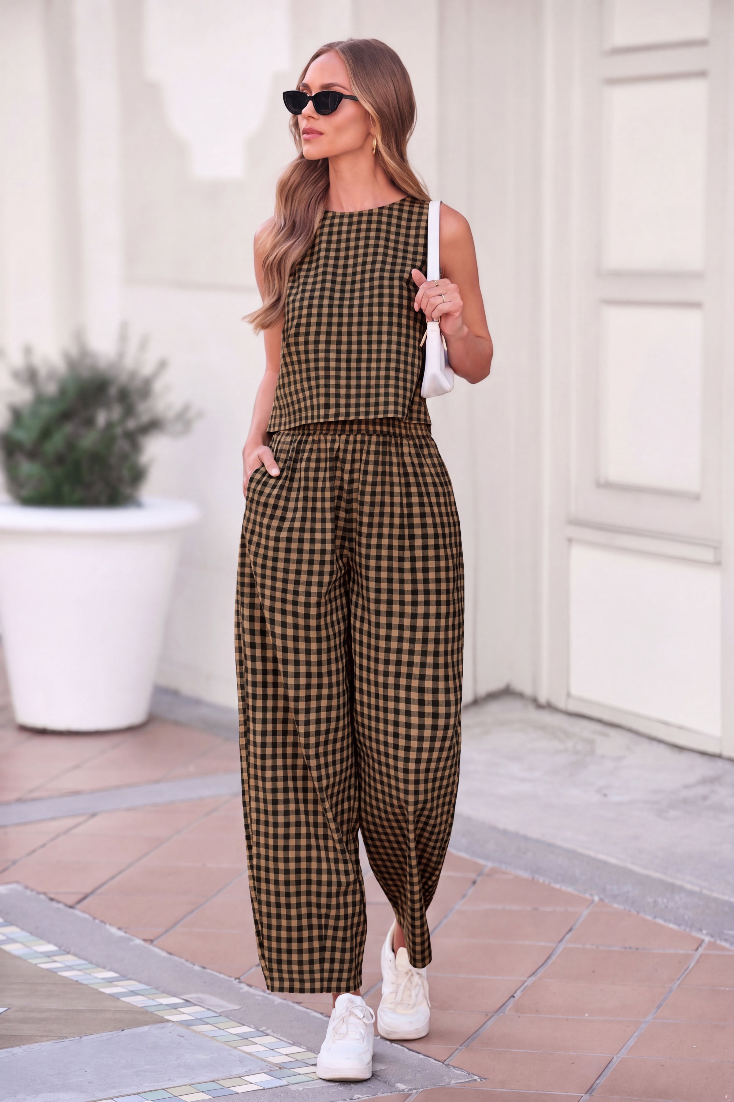 PRETTYGARDEN Womens 2 Piece Sets Summer Plaid Sleeveless Tops Wide Leg Pants Matching Lounge Set Beach Vacation Outfits