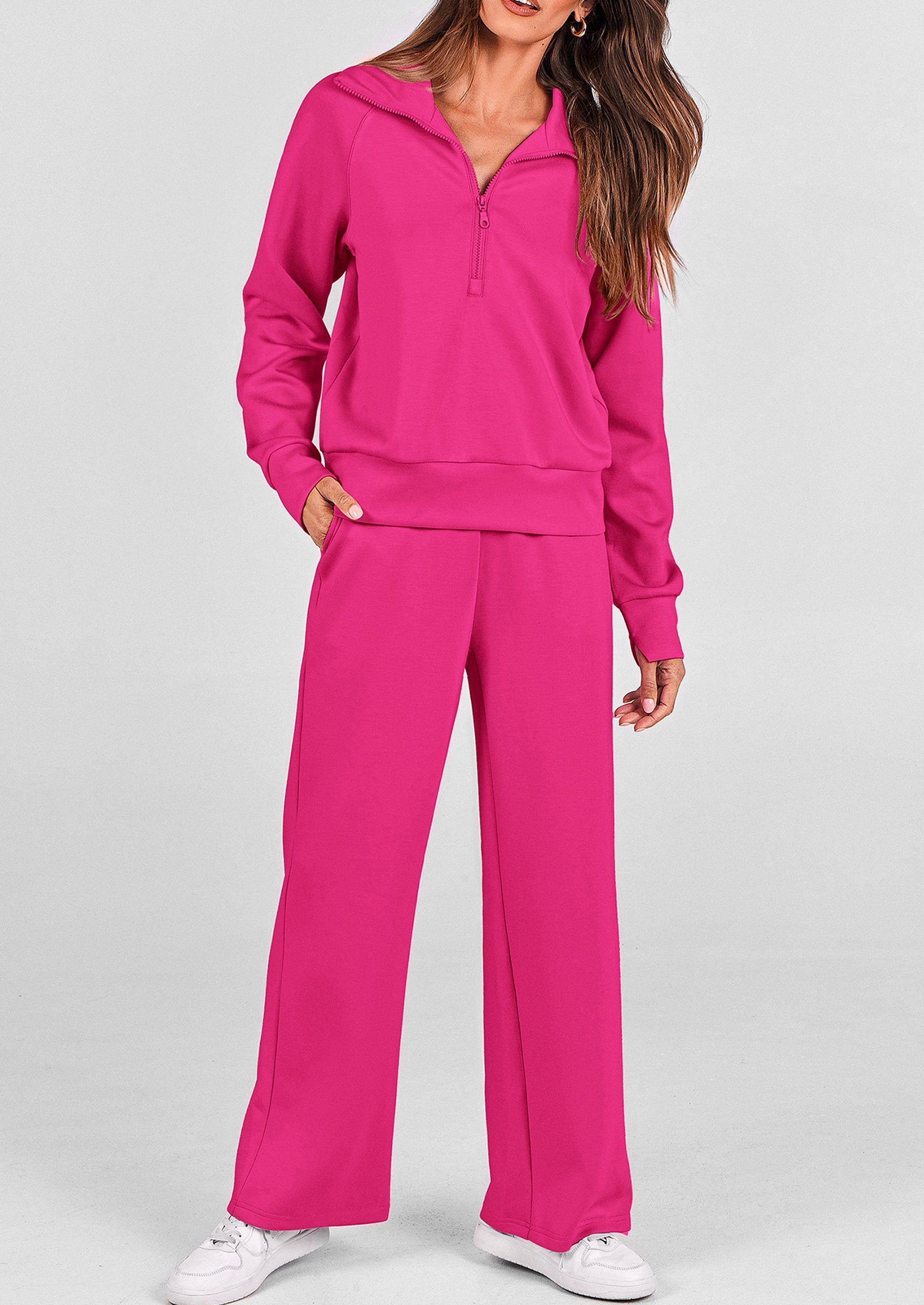 PRETTYGARDEN Women's 2 Piece Outfits Casual Lapel Half Zip Sweatshirts And Wide Leg Pants Tracksuit Sets