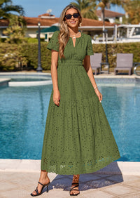 PRETTYGARDEN Short Sleeve Spring Dresses for Women Elegant Classy Boho High Waist A Line Pleated Wedding Guest Dress PRETTYGARDEN