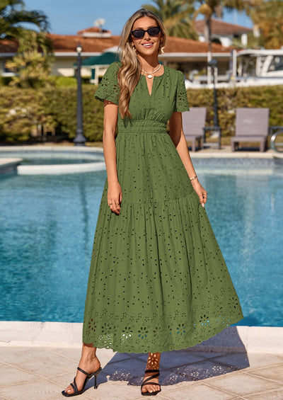 PRETTYGARDEN Short Sleeve Spring Dresses for Women Elegant Classy Boho High Waist A Line Pleated Wedding Guest Dress PRETTYGARDEN