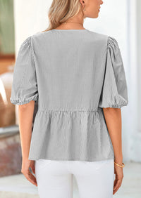 PRETTYGARDEN Women's Tie Front Striped Shirt Summer Trendy Fashion Cute Babydoll Tops Peplum Puffy Sleeve Blouse