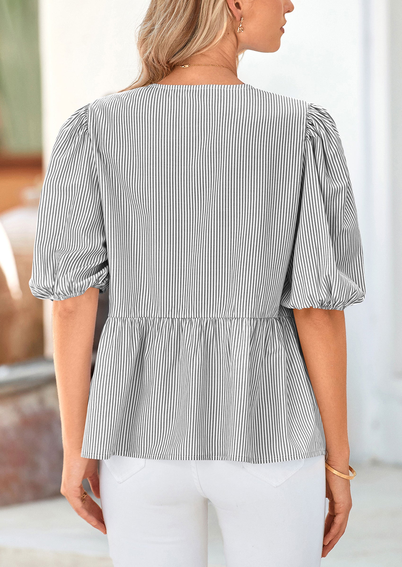 PRETTYGARDEN Women's Tie Front Striped Shirt Summer Trendy Fashion Cute Babydoll Tops Peplum Puffy Sleeve Blouse