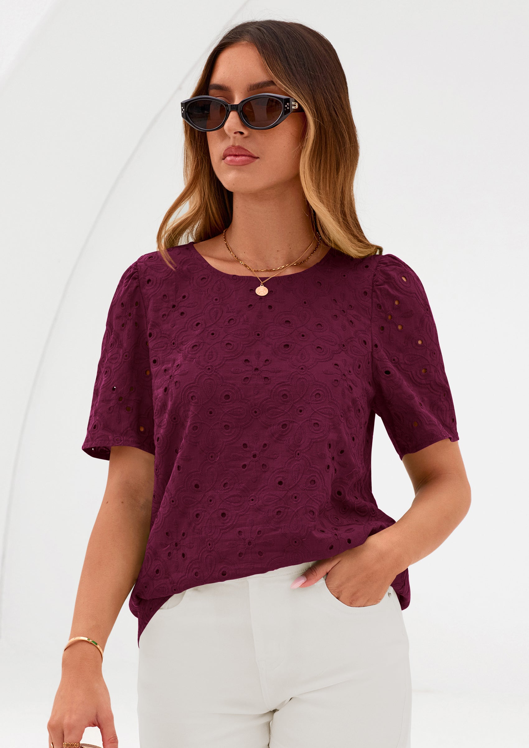 PRETTYGARDEN Women's Puff Short Sleeve Eyelet Shirts Summer Lace Blouses Dressy Casual Work Tops Spring Teacher Clothes PRETTYGARDEN