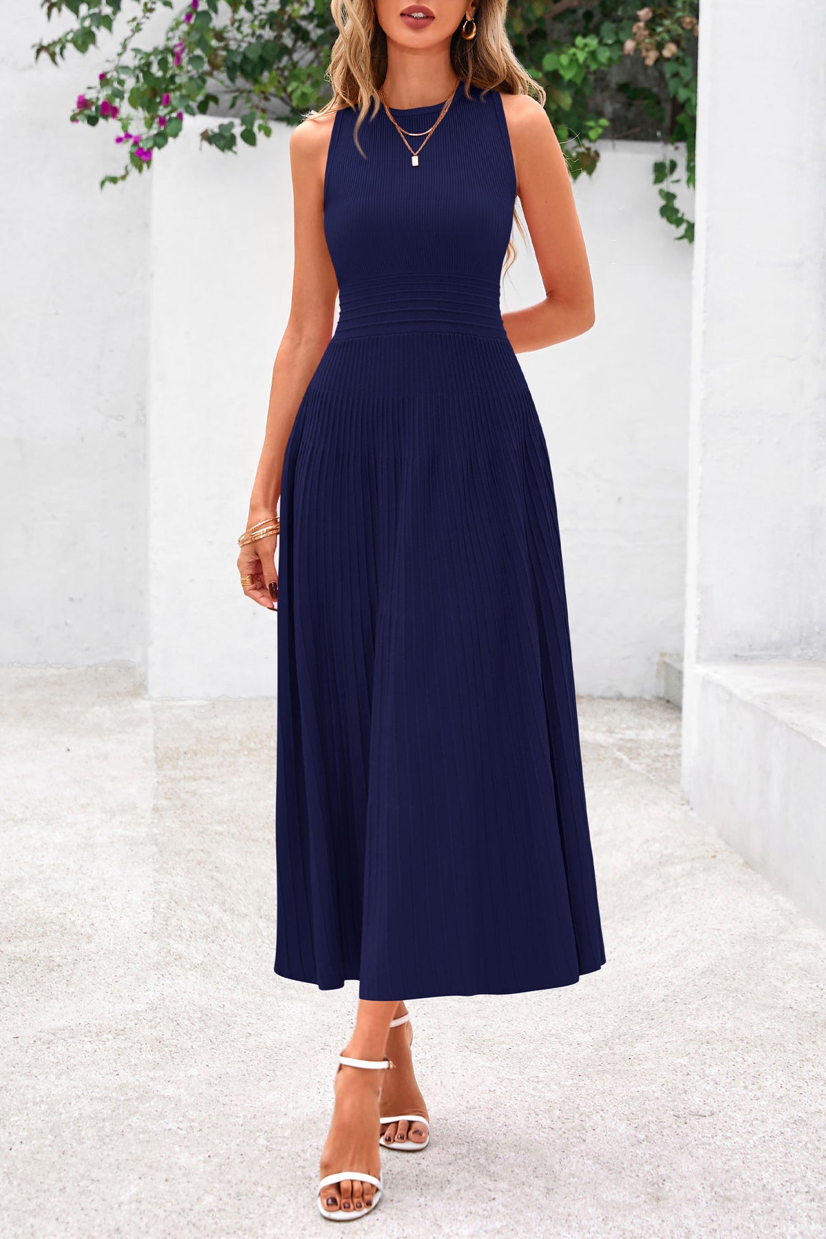 Women's Summer Midi Dresses 2025 Sleeveless Crewneck Knit A Line Pleated Swing Wedding Guest Casual Tank Dress