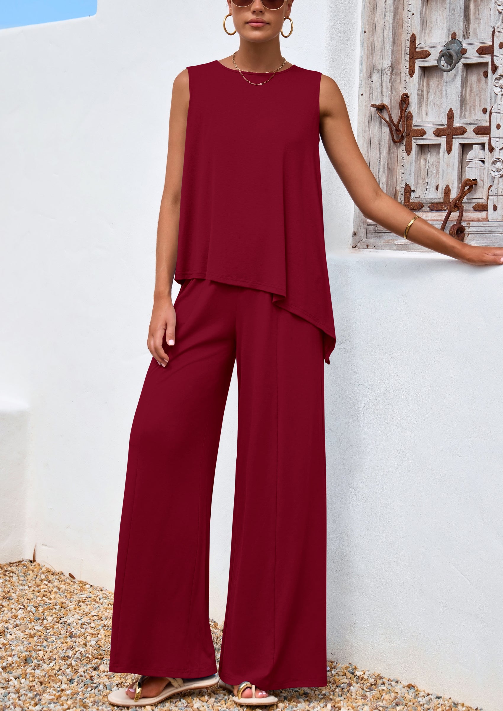 PRETTYGARDEN Women's Two Piece Matching Lounge Sets Asymmetrical Split Tank Tops Wide Leg Pants Summer Outfits Tracksuit