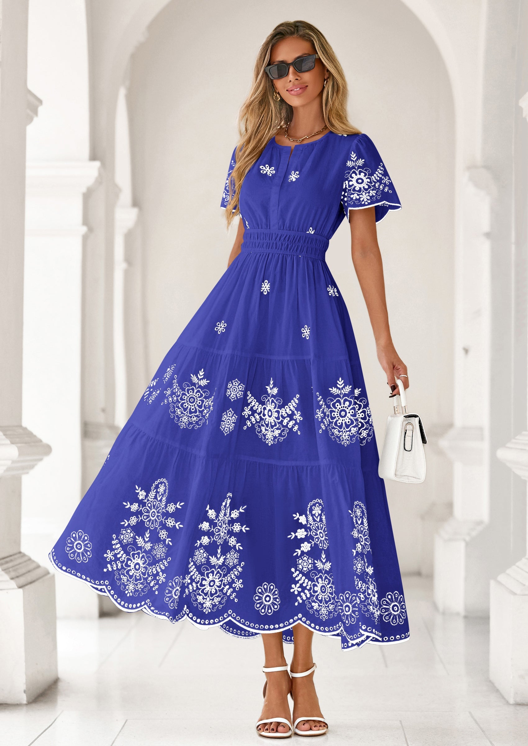 PRETTYGARDEN Boho Dresses for Women Summer Spring Casual Floral Short Sleeve V Neck Maxi Elastic Waist Dress Pockets PRETTYGARDEN