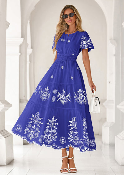 PRETTYGARDEN Boho Dresses for Women Summer Spring Casual Floral Short Sleeve V Neck Maxi Elastic Waist Dress Pockets PRETTYGARDEN