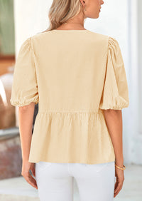 PRETTYGARDEN Women's Tie Front Striped Shirt Summer Trendy Fashion Cute Babydoll Tops Peplum Puffy Sleeve Blouse