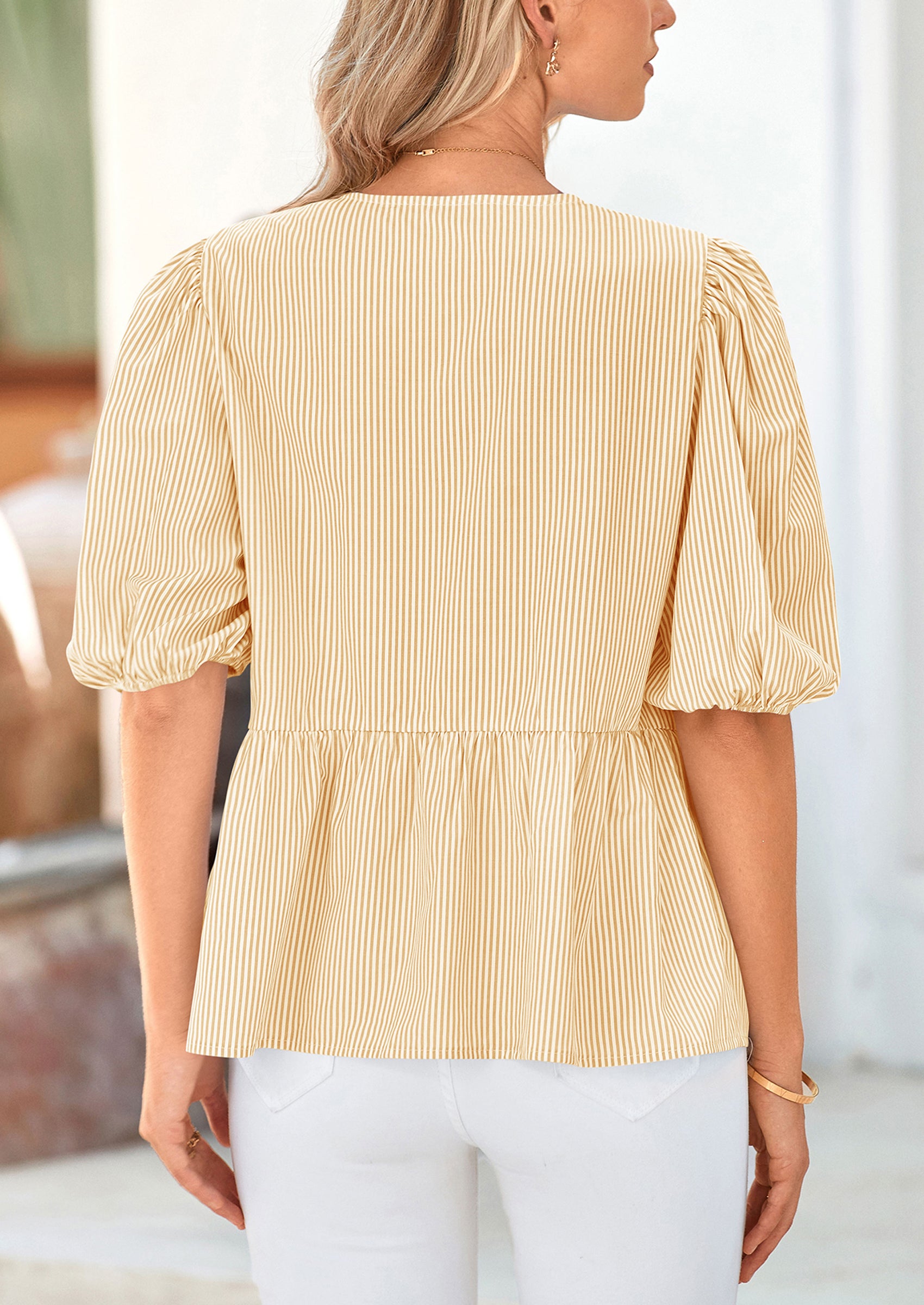 PRETTYGARDEN Women's Tie Front Striped Shirt Summer Trendy Fashion Cute Babydoll Tops Peplum Puffy Sleeve Blouse