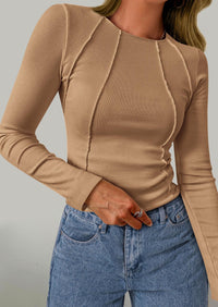 KIRUNDO Ribbed Long Sleeve Tops for Women Stretch Slim Basic Crop Tee Exposed Seams Spring Fall Fashion Trendy Tshirt