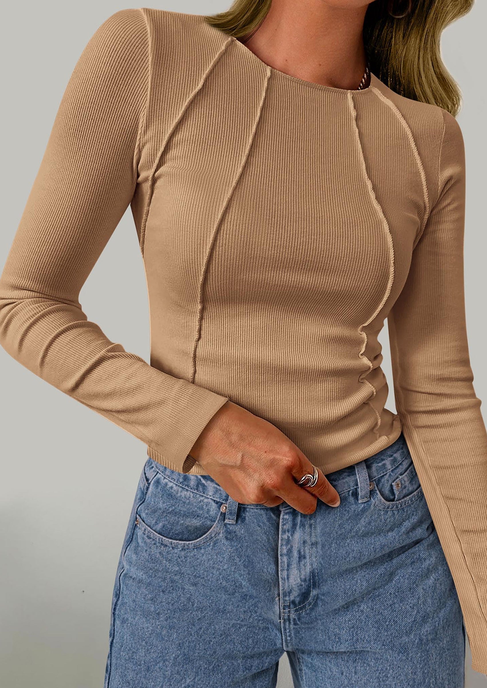 KIRUNDO Ribbed Long Sleeve Tops for Women Stretch Slim Basic Crop Tee Exposed Seams Spring Fall Fashion Trendy Tshirt