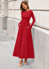 BTFBM Long Sleeve Maxi Dresses for Women Fall Casual Ruched Boat Neck Flowy Elegant Formal Wedding Guest Dress