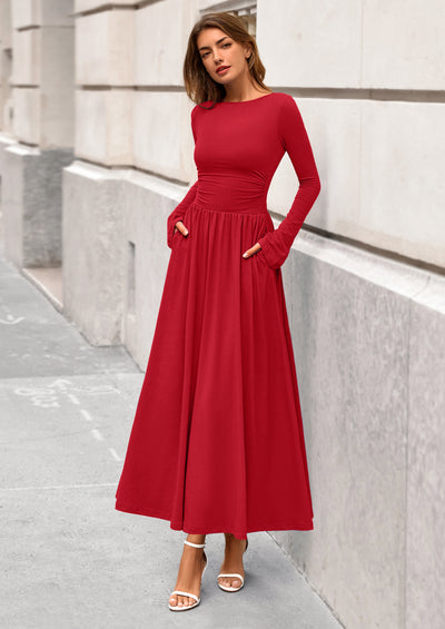 BTFBM Long Sleeve Maxi Dresses for Women Fall Casual Ruched Boat Neck Flowy Elegant Formal Wedding Guest Dress