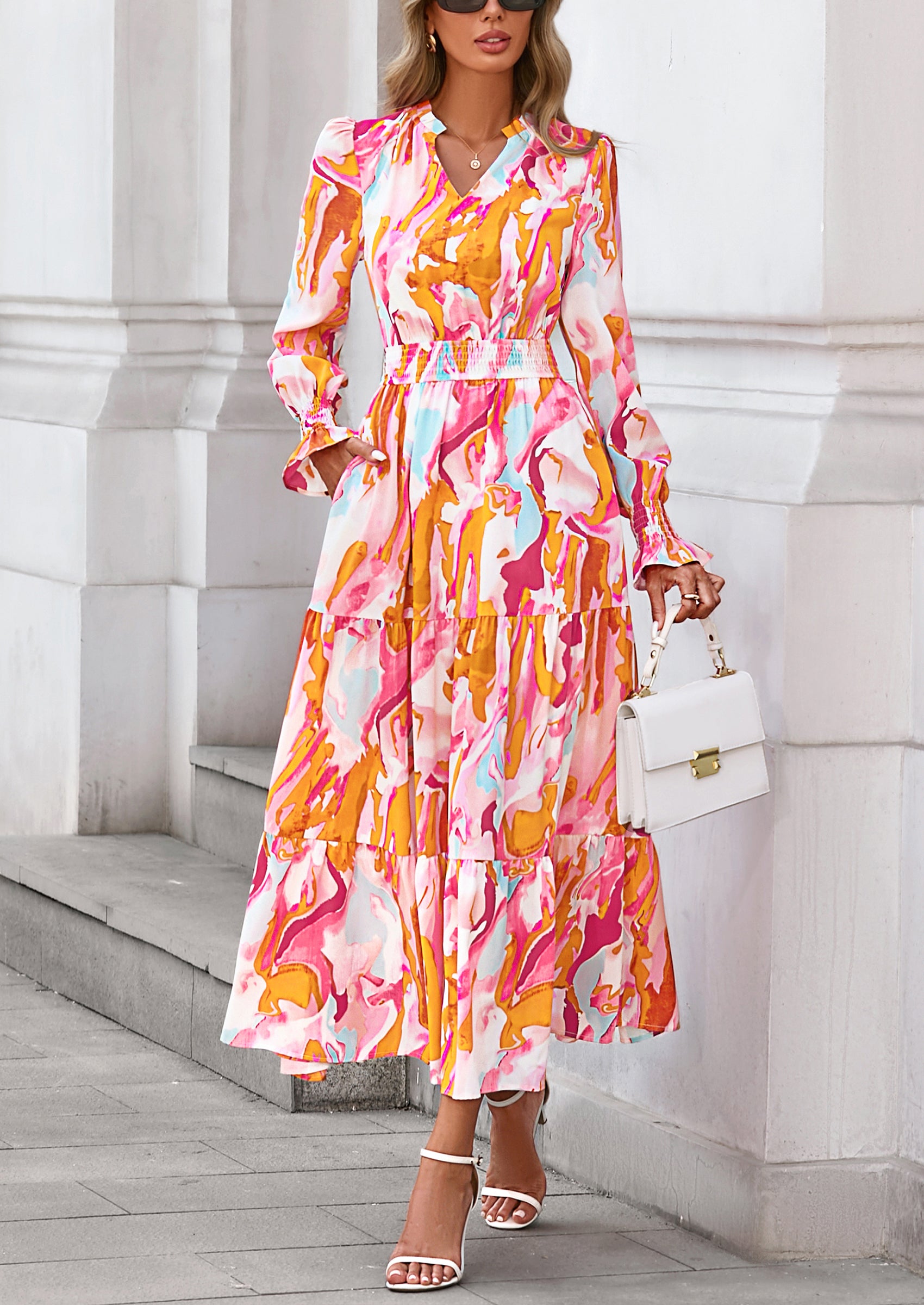 PRETTYGARDEN Women's Floral Maxi Dress Spring Long Sleeve V Neck Casual A Line Long Flowy Boho Party Dresses