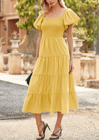 PRETTYGARDEN Women's Summer Casual Midi Dress Puffy Short Sleeve Square Neck Smocked Tiered Ruffle Dresses