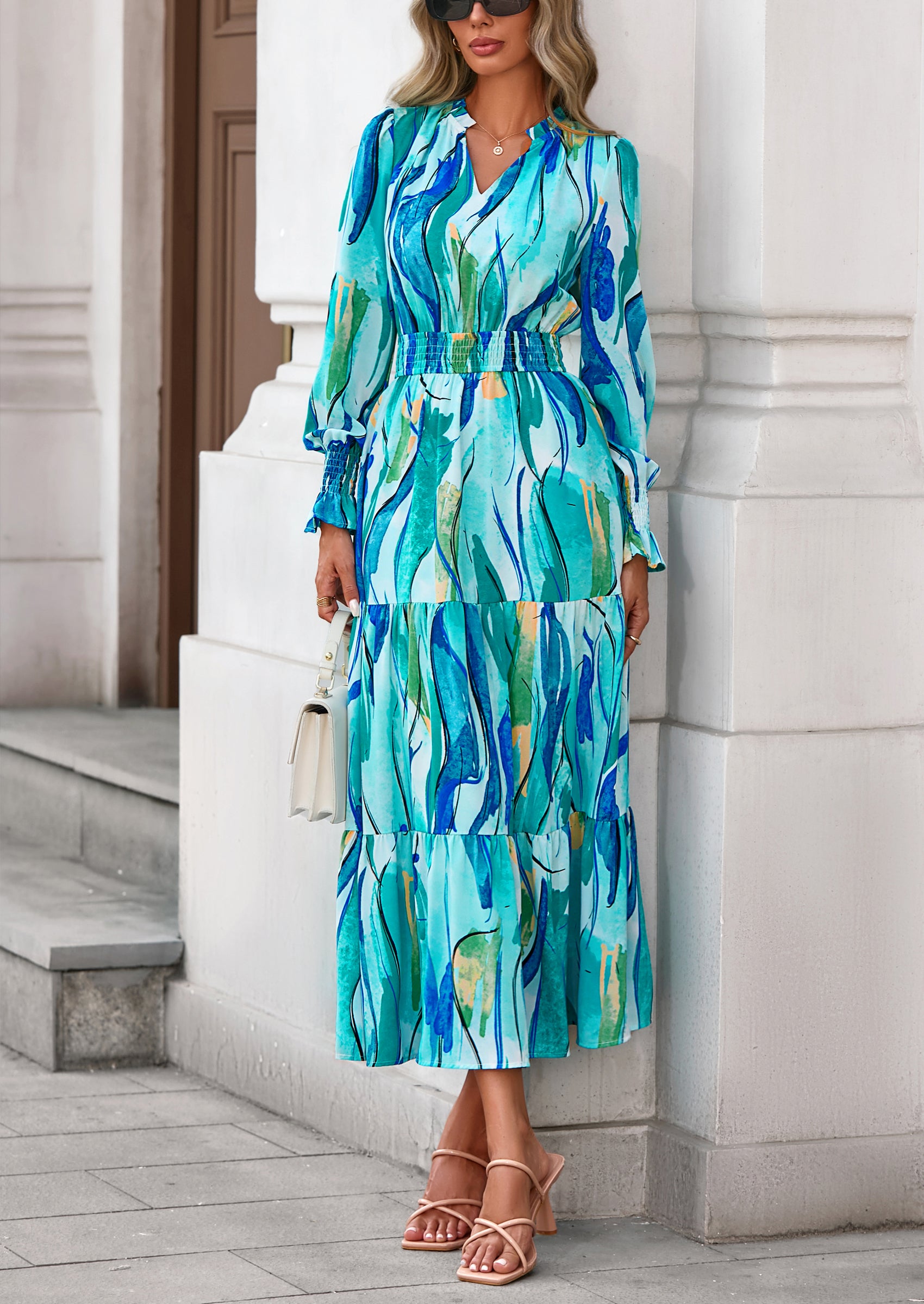 PRETTYGARDEN Women's Floral Maxi Dress Spring Long Sleeve V Neck Casual A Line Long Flowy Boho Party Dresses