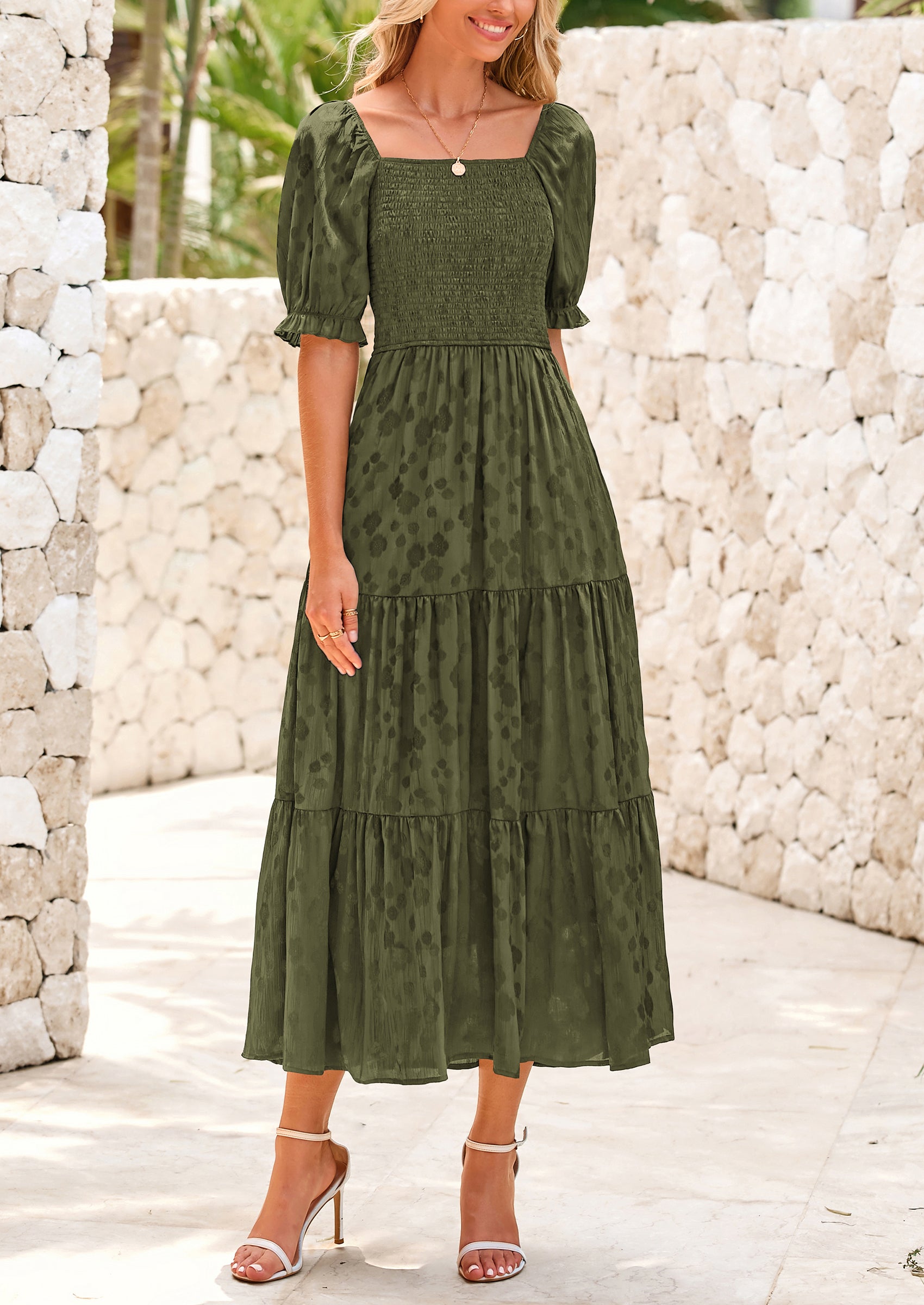 PRETTYGARDEN Women's Casual Midi Dresses Square Neck Short Sleeve Smocked A Line Floral Flowy Elegant Boho Dress