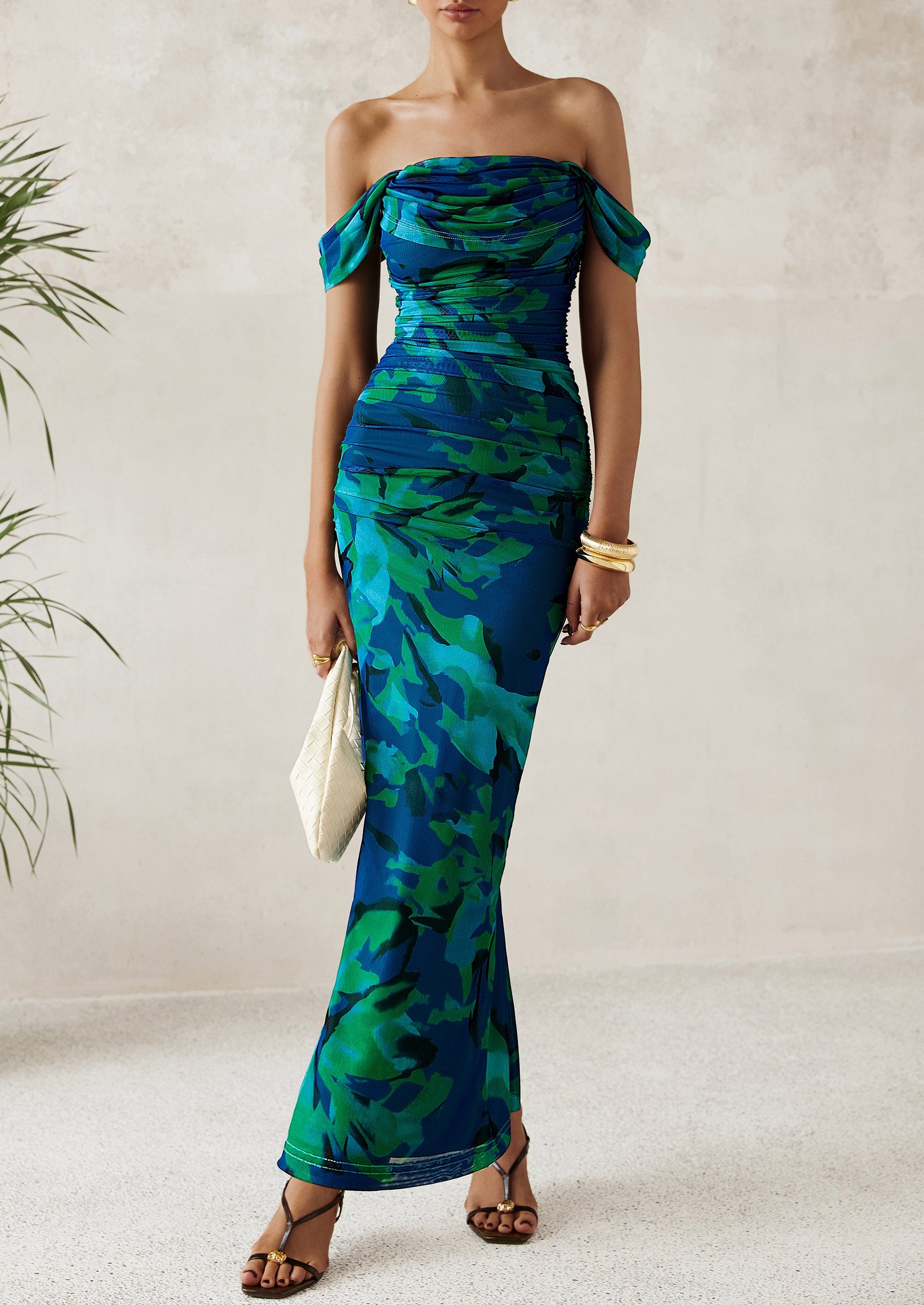 PRETTYGARDEN Maxi Dresses for Women Summer Elegant Floral Off Shoulder Ruched Mesh Cocktail Wedding Guest Dress