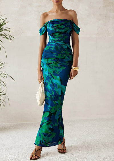 PRETTYGARDEN Maxi Dresses for Women Summer Elegant Floral Off Shoulder Ruched Mesh Cocktail Wedding Guest Dress