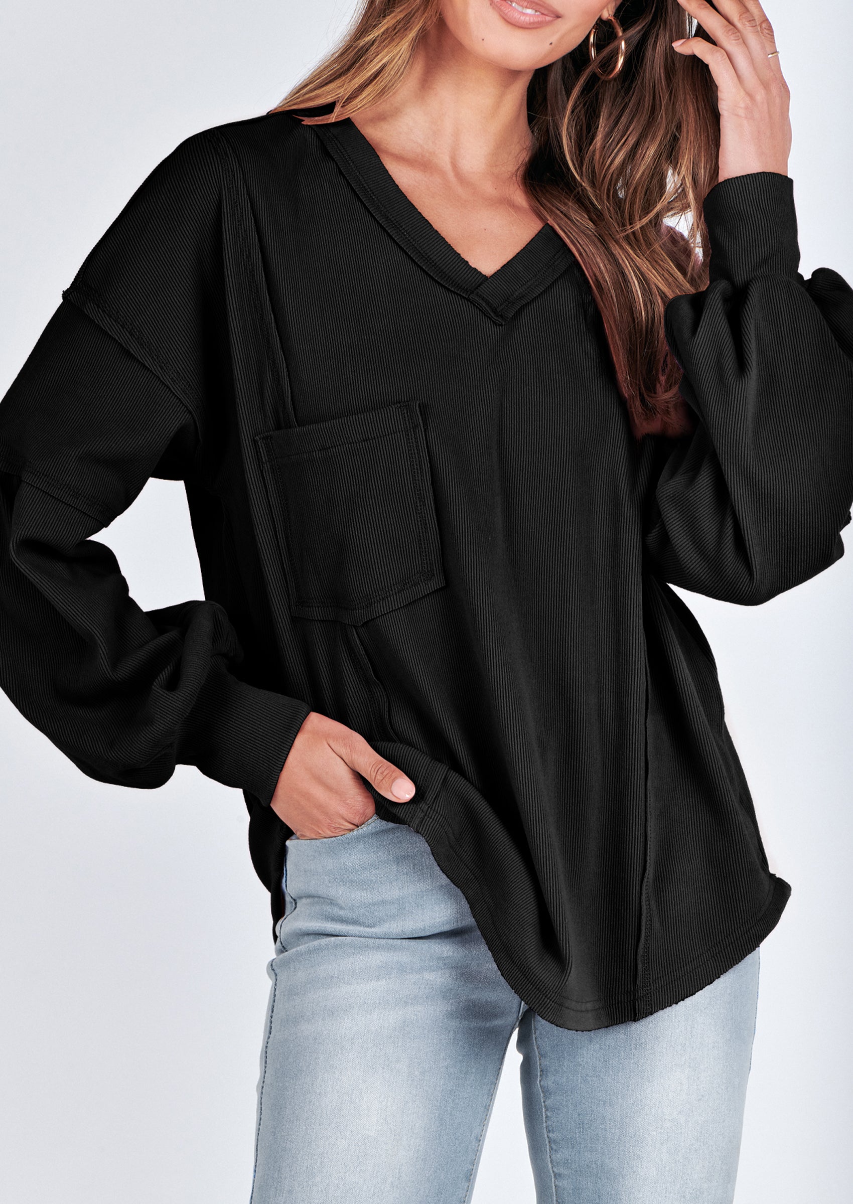 BTFBM Women's Ribbed Long Sleeve Tops Summer Spring Pullover Knit Casual V Neck Blouses Trendy Loose Fit Tunic Top