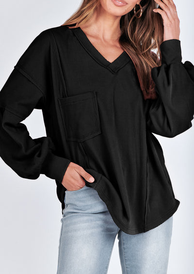 BTFBM Women's Ribbed Long Sleeve Tops Summer Spring Pullover Knit Casual V Neck Blouses Trendy Loose Fit Tunic Top