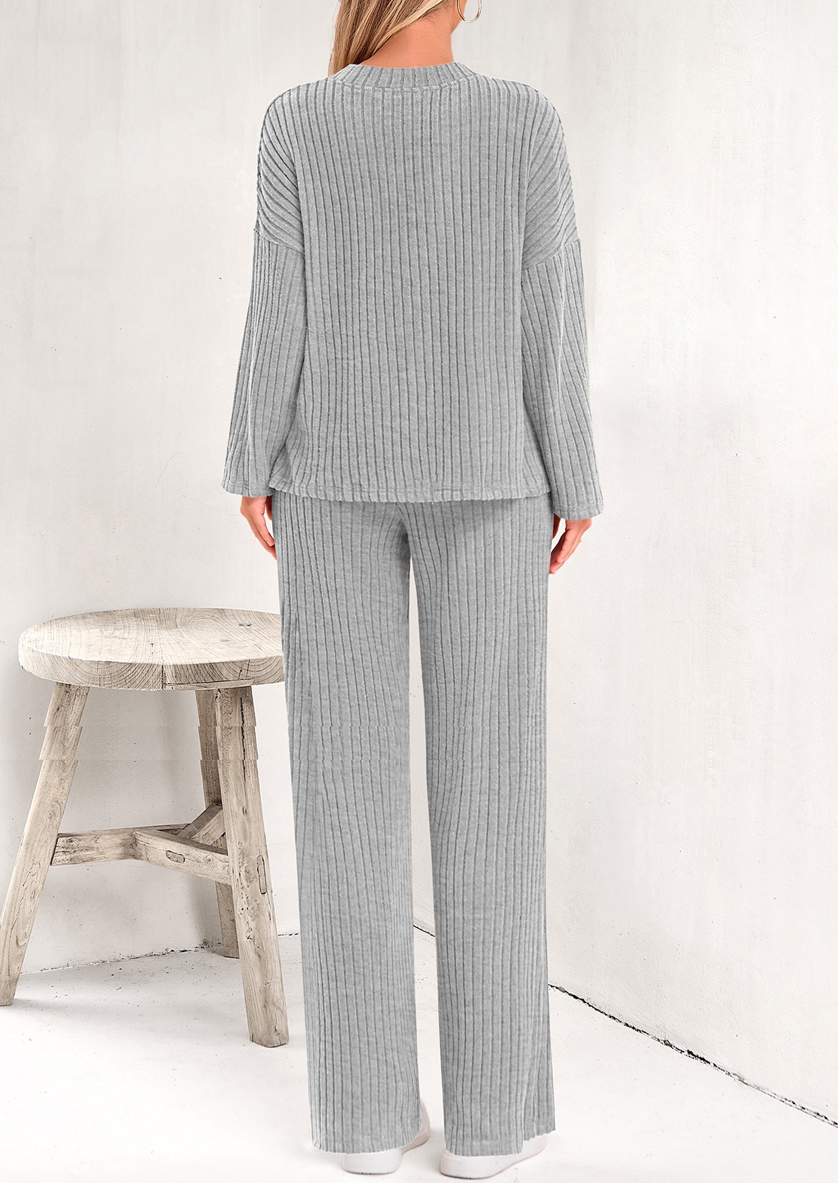 PRETTYGARDEN Women's 2 Piece Lounge Sets Ribbed Knit Long Sleeve V Neck Pullover Tops Wide Leg Pants Spring Fall Outfits