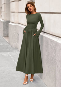 BTFBM Long Sleeve Maxi Dresses for Women Fall Casual Ruched Boat Neck Flowy Elegant Formal Wedding Guest Dress