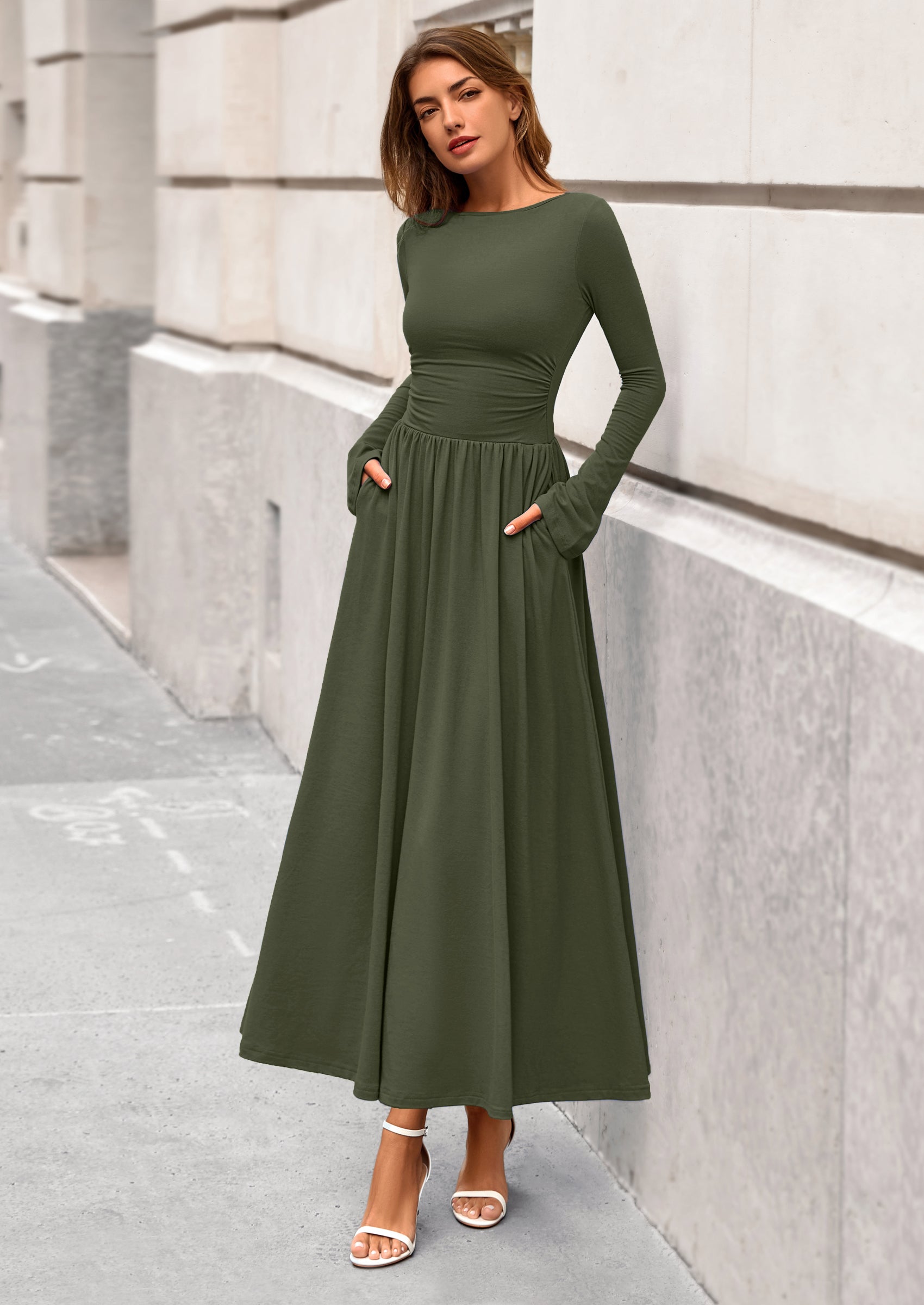 BTFBM Long Sleeve Maxi Dresses for Women Fall Casual Ruched Boat Neck Flowy Elegant Formal Wedding Guest Dress