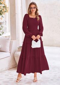 PRETTYGARDEN Fall Wedding Guest Dresses for Women Long Sleeve Square Neck Tiered A Line Modest Elegant Flowy Dresses