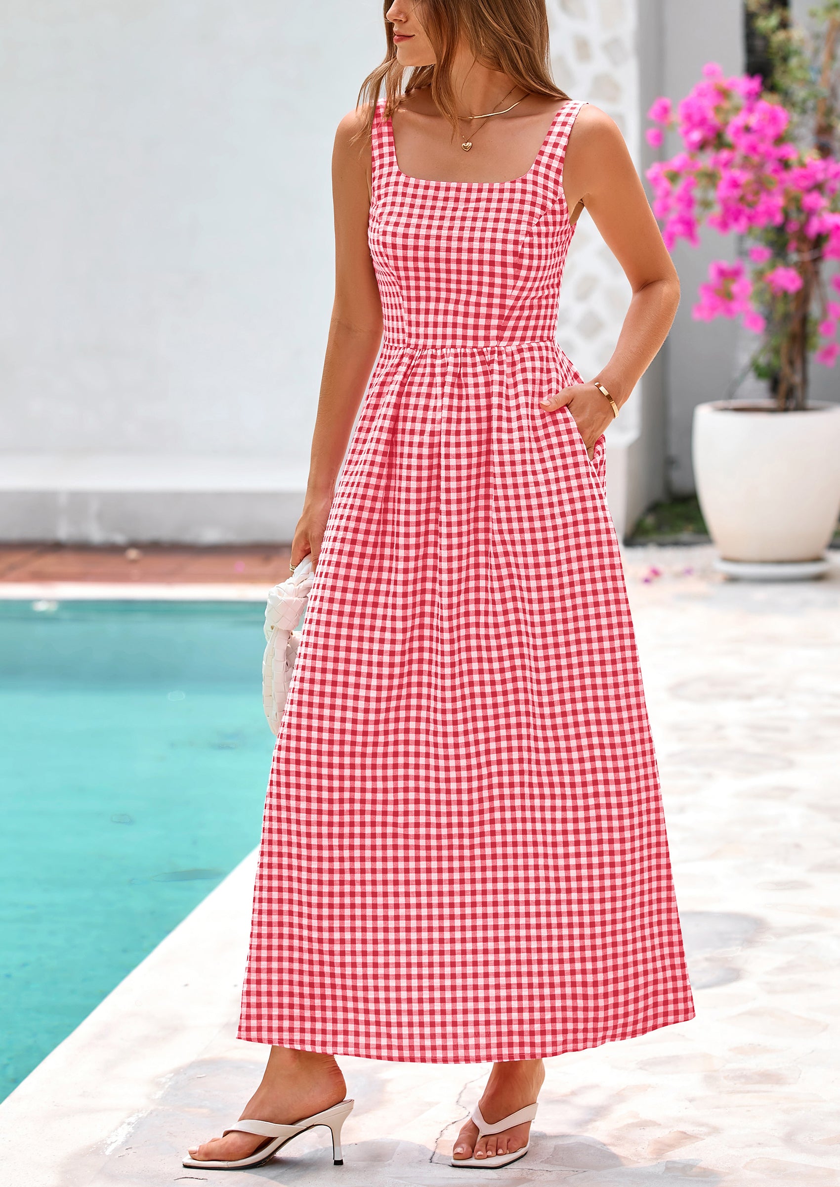 PRETTYGARDEN Women's Summer Spaghetti Strap Maxi Dresses Plaid Square Neck A Line Casual Beach Vacation Long Sundress