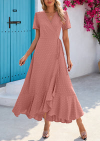 PRETTYGARDEN Women's Summer Maxi Dress Casual Wrap Floral Boho Short Sleeve V Neck Split Ruffle Beach Long Dresses