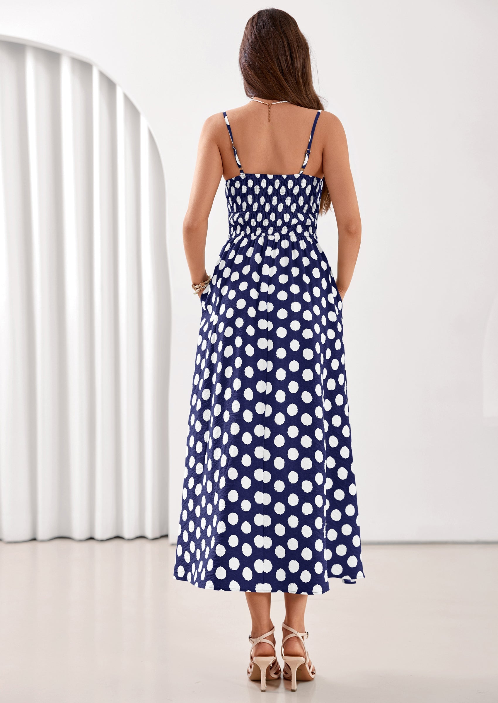 PRETTYGARDEN Womens Summer Dresses Spring Sleeveless Spaghetti Straps Casual Midi Dress Polka Dot Smocked Beach Sundress PRETTYGARDEN