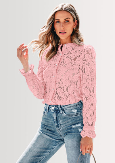 PRETTYGARDEN Women's Dressy Casual Lace Blouse Long Sleeve Button Up Shirts Tops Spring Fall Fashion Clothes