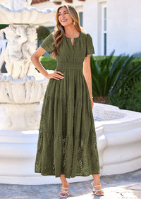 PRETTYGARDEN Womens Boho Maxi Dress Floral Summer Spring Short Sleeve V Neck A Line Embroidered Beach Vacation Dresses