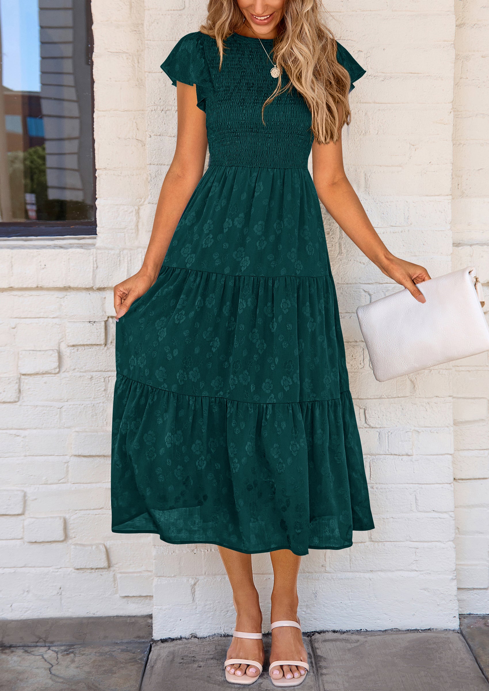 PRETTYGARDEN Midi Dress for Women Summer Floral Cap Sleeve Smocked Ruffle A Line Long Flowy Wedding Guest Dresses