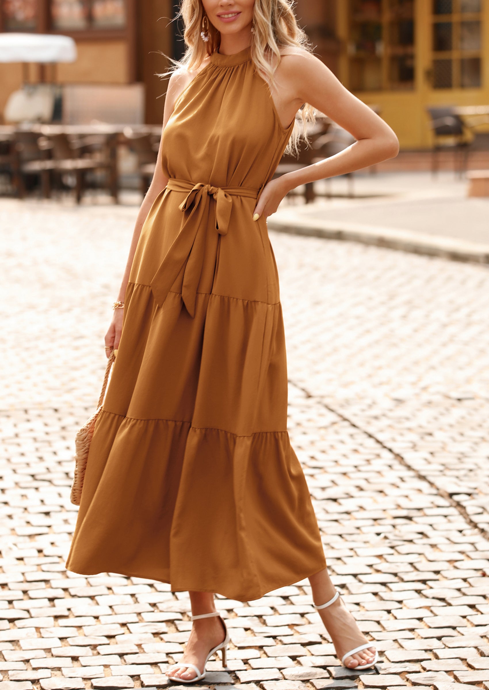 PRETTYGARDEN Women's Summer Floral Maxi Sun Dress Sleeveless Halter Neck Flowy Ruffle Hem Long Boho Dresses with Belt