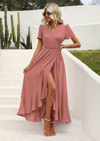 PRETTYGARDEN Women's Summer Maxi Dress Casual Wrap Floral Boho Short Sleeve V Neck Split Ruffle Beach Long Dresses