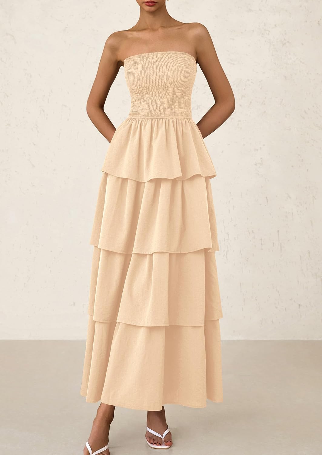 PRETTYGARDEN Maxi Dresses for Women Off Shoulder Smocked Tiered Ruffle Long Flowy Wedding Guest Dress