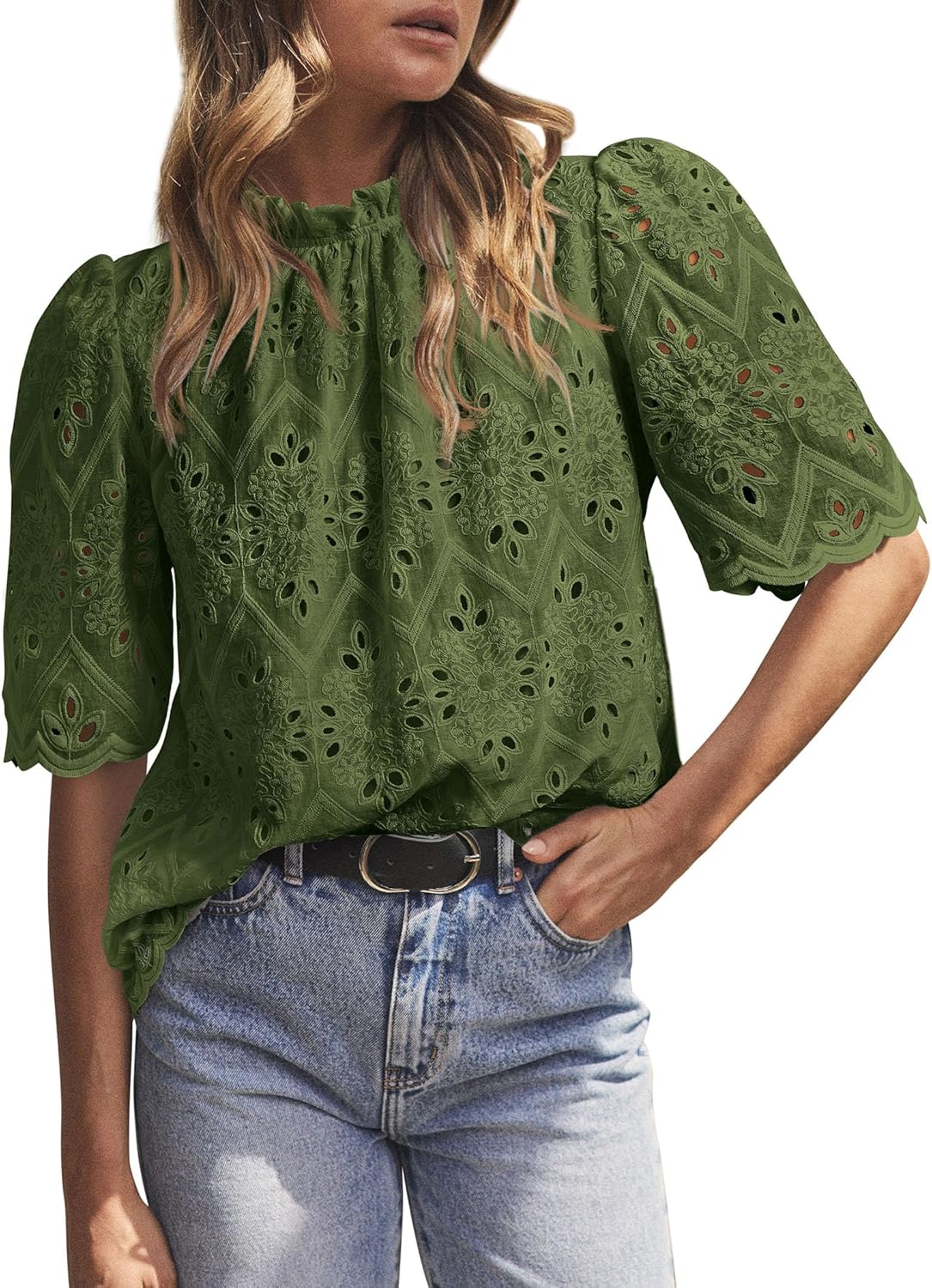 Summer Tops for Women Trendy Short Sleeve Eyelet Embroidered Dressy Casual Blouse Shirts