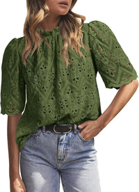 Women Trendy Short Sleeve Eyelet Embroidered Dressy Casual Blouse