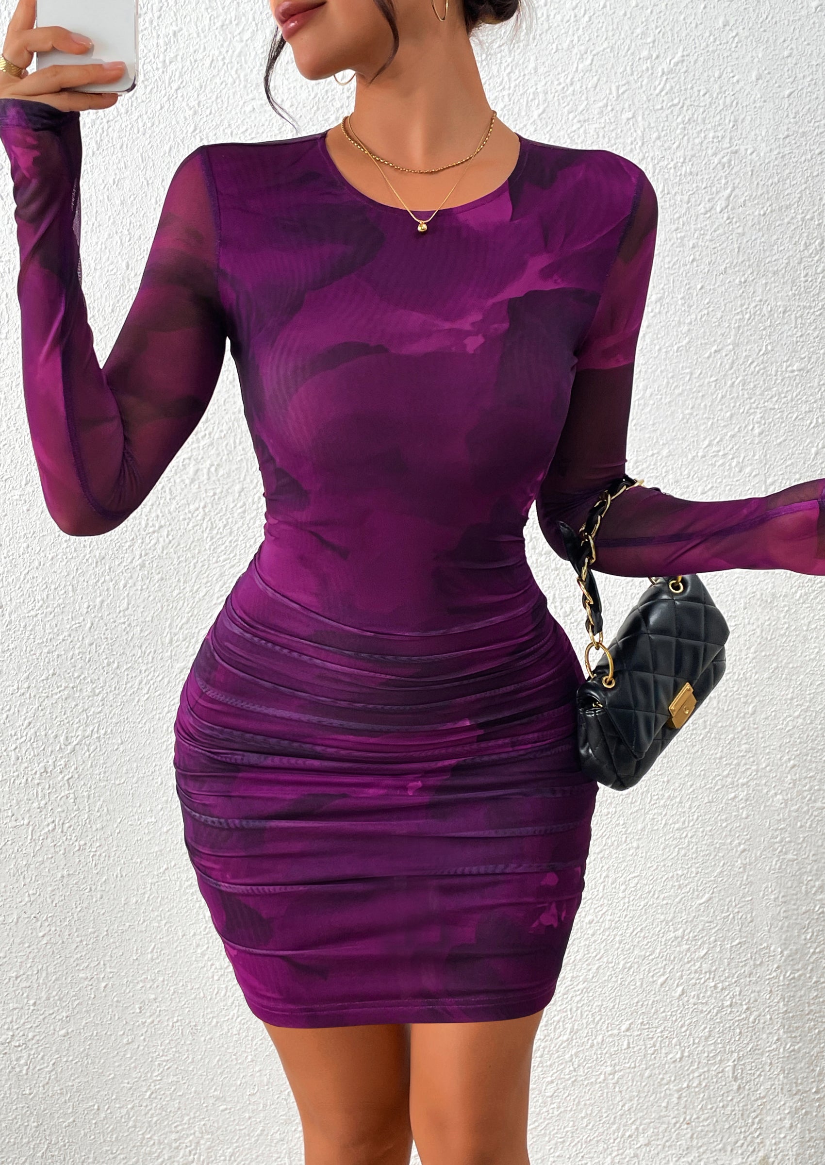 PRETTYGARDEN Women's Mini Dress Fall Trendy Tie Dye Print Long Sleeve Club Party Homecoming Casual Bodycon Dresses