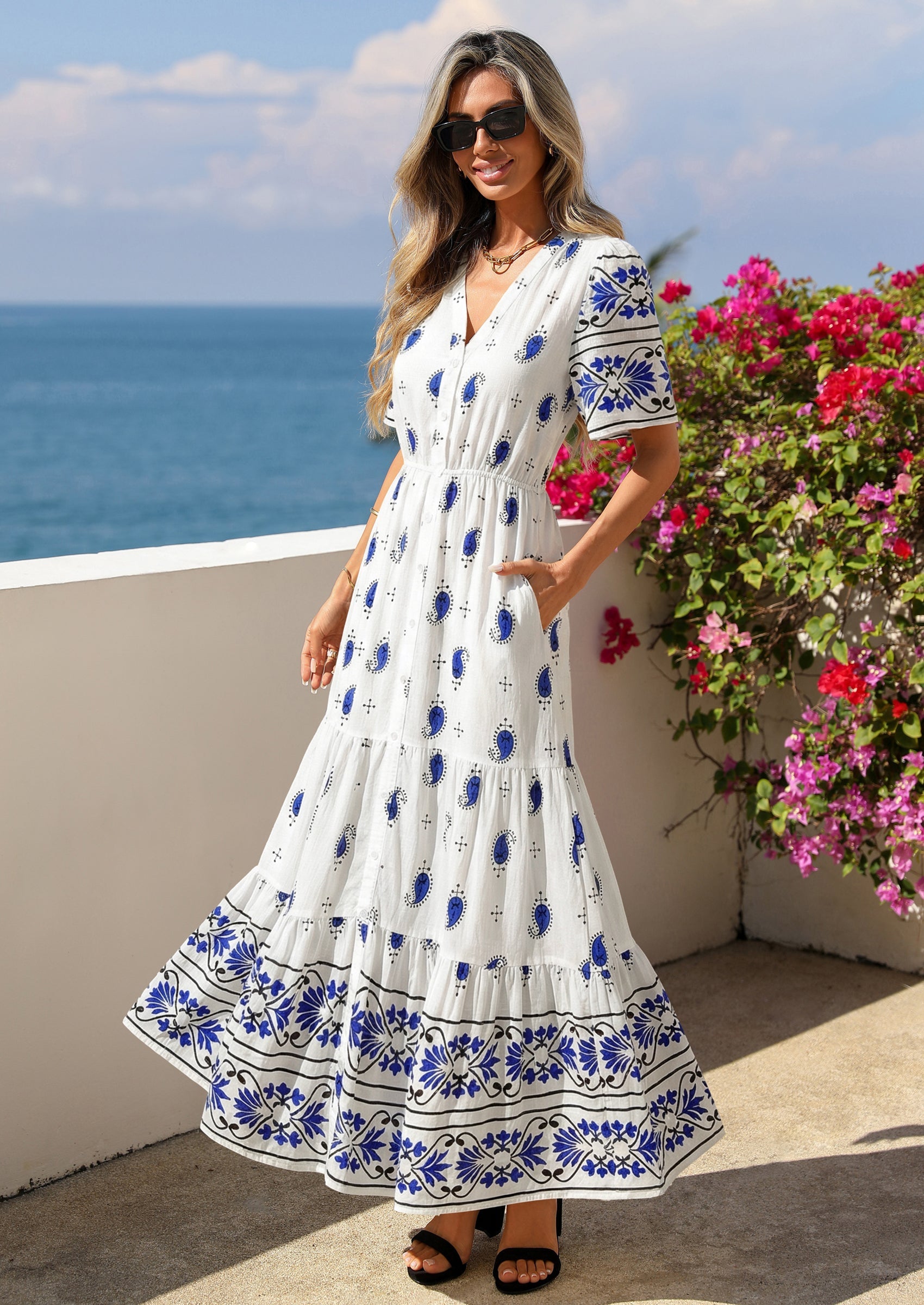 PRETTYGARDEN Womens Summer Boho Maxi Dress Trendy Short Sleeve V Neck Flowy Beach Floral Dresses with Pockets PRETTYGARDEN